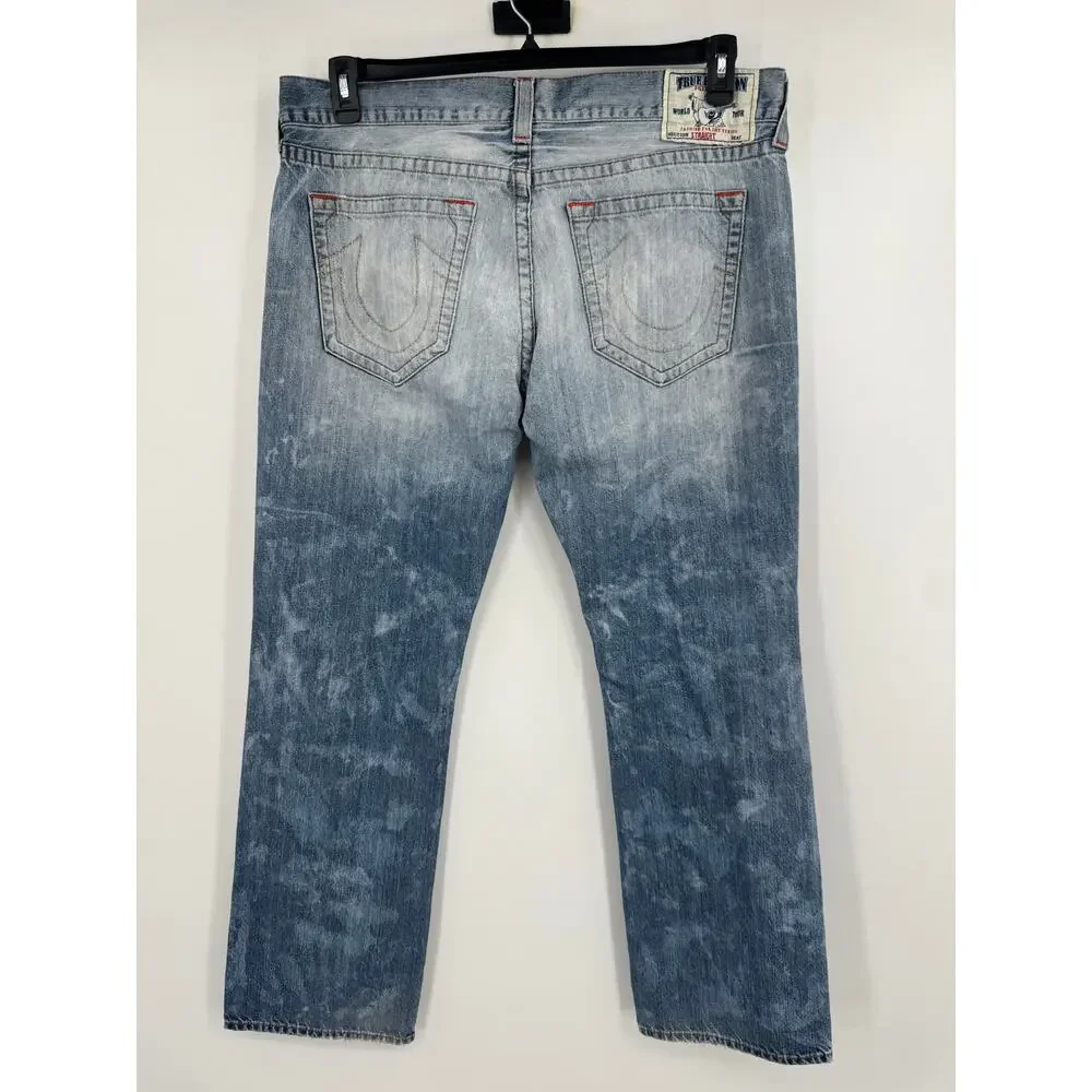 True Religion Jeans Mens 40 Distressed Ripped Fade Straight Leg Blue Denim Pants
